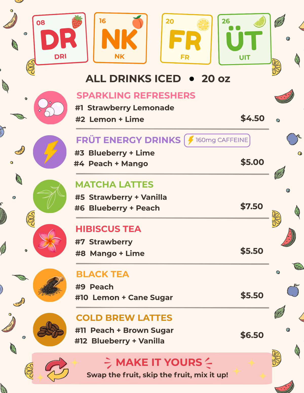 DRNK FRÜT beverage menu. Full menu details are available to screen readers below.